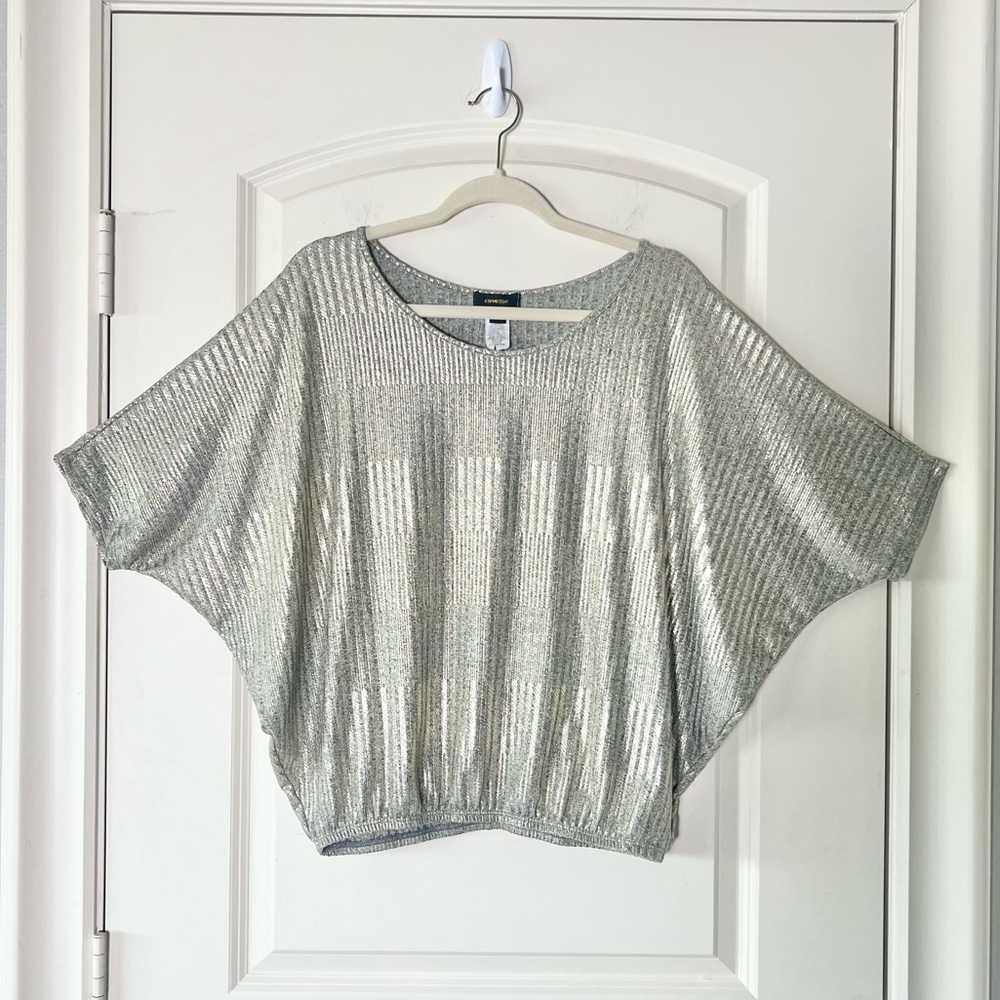 Vintage Espresso Metallic Silver Shimmer Dolman Sleeve Blouse Women's Large